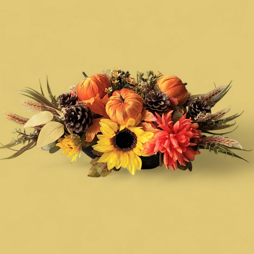 Hand Crafted Fall Velvet Pumpkin Centerpiece Flower Arrangement Sunflowers Mums